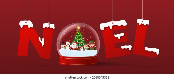 Santa Claus and friend in a snow globe with NOEL hanging word, Merry Christmas