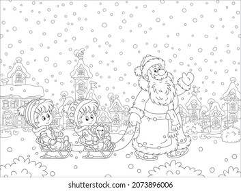 Santa Claus friendly sledding happy little kids down a snow-covered street of a pretty small town on a snowy winter day, black and white outline vector cartoon illustration for a coloring book page