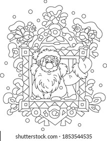 Santa Claus friendly smiling and waving his hand in greeting at a decorated window of a snowy old wooden house from a fairytale, black and white outline vector cartoon illustration