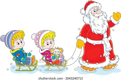 Santa Claus friendly smiling, waving his hand in greeting and sledding happy little kids on a snowy winter day, vector cartoon illustration isolated on a white background
