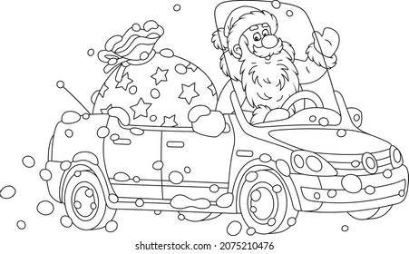 Santa Claus friendly smiling, waving his hand in greeting and driving a beautiful toy car with a big bag of Christmas gifts for children, black and white vector cartoon for a coloring book page
