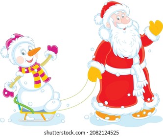 Santa Claus friendly smiling, waving his hand in greeting and sledding a happy toy snowman, vector cartoon illustration isolated on a white background