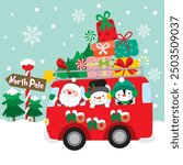 Santa Claus and Friends in Christmas Bus For Christmas Card or Bag design