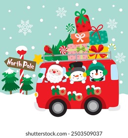 Santa Claus and Friends in Christmas Bus For Christmas Card or Bag design