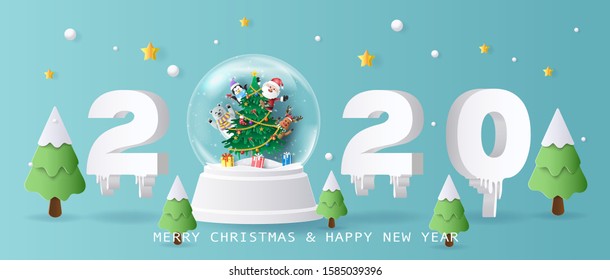 Santa Claus and friends in Christmas globe, Merry Christmas and Happy New Year 2020.