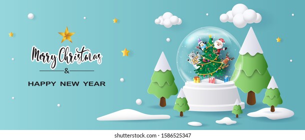 Santa Claus and friends in Christmas globe, Merry Christmas and Happy New Year 2020, paper art and craft style.