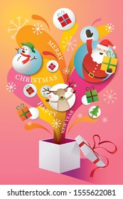 Santa Claus, Friends and Gifts Popping Out From Gift Box, Merry Christmas and Happy New Year