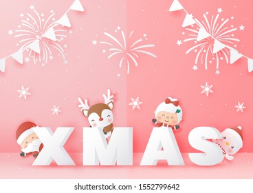 Santa Claus and friends in greeting card for christmas,Paper cut and craft style