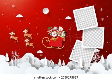 Santa Claus and friends on a sleigh with snowman holding photo frame flying in the village