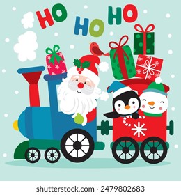 Santa Claus and Friends on Train For Christmas Card or Bag design