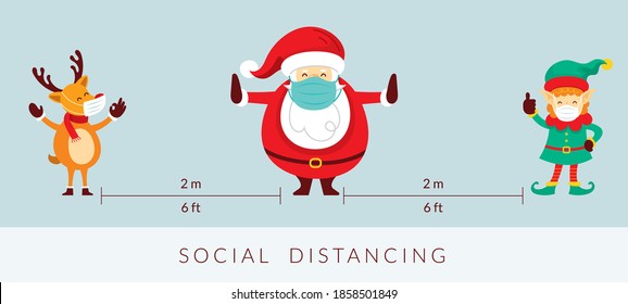 Santa Claus and Friends Social Distancing. Prevention of Coronavirus Covid-19 Concept.