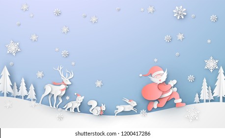 Santa Claus with friends travel to delivers gifts in Christmas. Graphic design for Christmas. paper cut and craft design. vector, illustration.