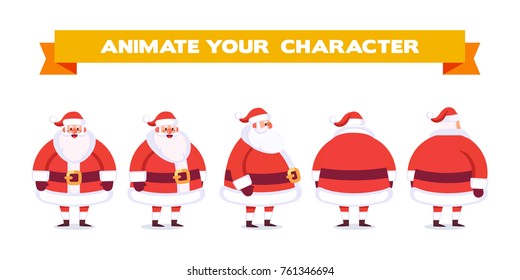 Santa Claus. Front, side, back, 3/4 view animated character. Cartoon style, flat vector illustration isolated on white.