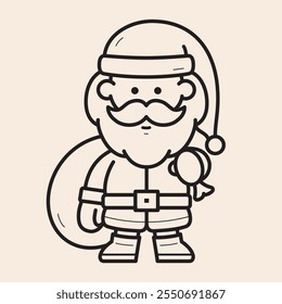 Personaje lindo del cuerpo completo de Santa Claus que sostiene un bolso de los regalos con el sombrero de santa, el bigote, la barba larga, los mitones, el cinturón, los zapatos y el icono feliz del contorno del Vector del sentimiento