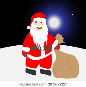 Santa Claus, full-length, with a bag of gifts in the middle of the night. Vector illustration isolated on a black background starry sky with the moon.