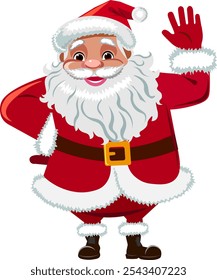 Santa Claus full-length cartoon character cute with gray beard in traditional red suit hat and boots stands raising hand in greeting gesture Vector