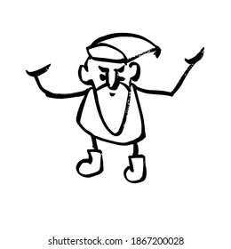 Santa Claus is a funny cartoon character. Hand-drawn caricature, Doodle. Black and white vector illustration.