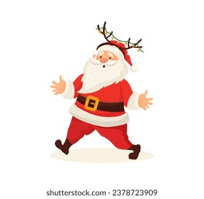 Santa Claus funny cute character with rim of reindeer horns on head isolated on white background. Christmas holiday vector illustration in flat cartoon style