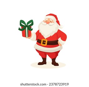 Santa Claus funny cute character holding gift isolated on white background. Christmas holiday vector illustration in flat cartoon style