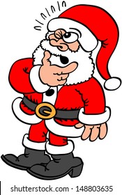 Santa Claus with funny face, clenching an eye, staring at someone up, sweating and holding his mouth with his hand while expressing doubt and perplexity