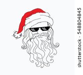 Santa Claus funny portrait in red hat in a steep pixel Black Sunglasses. cool father christmas. Merry X-mas. Concept sketch, fine flat line. Vector illustration isolated on the background