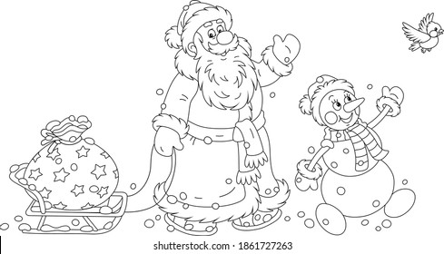 Santa Claus and a funny snowman carrying a big bag of winter holiday gifts on a toy sledge, black and white outline vector cartoon illustration for a coloring book page