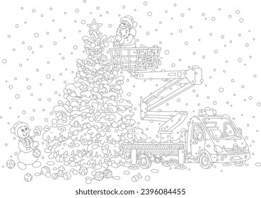 Santa Claus and a funny snowman decorating a snowy tall Christmas tree with holiday toys, balls, garlands and sweets using a truck crane, black and white vector cartoon illustration