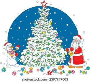 Santa Claus and a funny snowman decorating a green Christmas tree with colorful holiday toys, balls, garlands and sweets, vector cartoon illustration