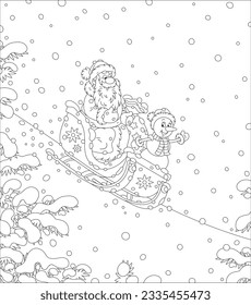 Santa Claus and a funny snowman with a magic bag of holiday gifts sledding down a snow hill in a winter forest and waving in greeting, black and white vector cartoon illustration for a coloring book