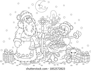 Santa Claus and a funny snowman with a snowy Christmas fir tree and a magic bag of holiday gifts for children, black and white outline vector cartoon illustration for a coloring book page