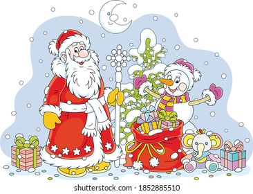 Santa Claus and a funny snowman with a snowy Christmas fir tree and a magic bag of holiday gifts for children, vector cartoon illustration isolated on a white background