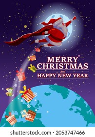 Santa Claus funny as Superhero wearing cape flying in space above Earth giving out gift boxes. Merry Christmas poster background cartoon style illustration