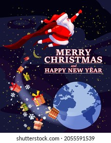 Santa Claus funny as Superhero wearing cape flying in space above Earth giving out gift boxes. Merry Christmas poster background cartoon style illustration