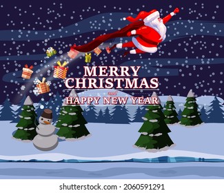 Santa Claus funny as Superhero wearing cape flying in night winter landscape giving out gift boxes. Merry Christmas poster background cartoon style illustration