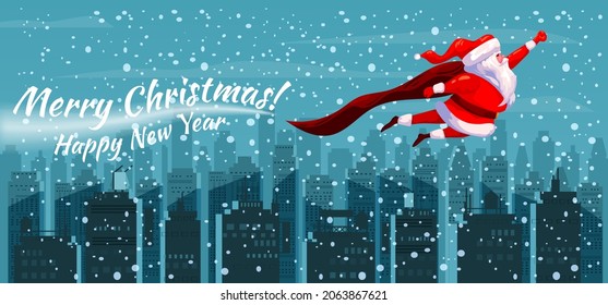 Santa Claus es gracioso como Superheroína que usa capa volando sobre la noche moderna ciudad, edificios, rascacielos que regala cajas de regalos. Ilustración del estilo de la caricatura del afiche navideño de Feliz