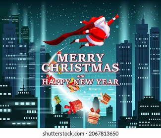 Santa Claus funny as Superhero wearing cape flying over the night modern city, buildings, skyscrapers giving out gift boxes. Merry Christmas poster background cartoon style illustration