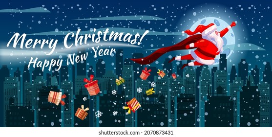 Santa Claus funny as Superhero wearing cape flying over the night modern city, buildings, skyscrapers giving out gift boxes. Merry Christmas poster background cartoon style illustration