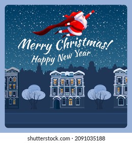 Santa Claus funny as Superhero wearing cape flying over the night old city, buildings, giving out gift boxes. Merry Christmas poster background cartoon style illustration