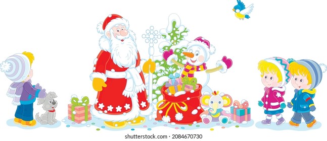 Santa Claus and a funny toy snowman with a snowy Christmas fir tree and a magic bag of holiday gifts for little children, vector cartoon illustration isolated on a white background