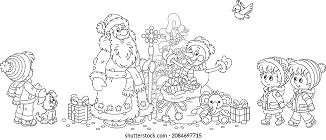 Santa Claus and a funny toy snowman with a snowy Christmas fir tree and a magic bag of holiday gifts for little children, black and white outline vector cartoon illustration for a coloring book