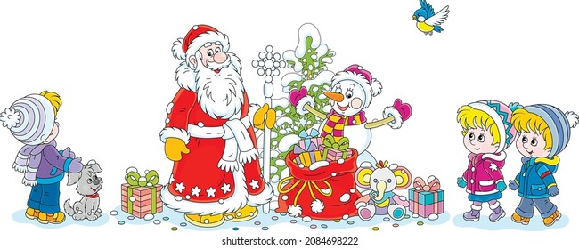 Santa Claus and a funny toy snowman with a snowy Christmas fir tree and a magic bag of holiday gifts for little children, vector cartoon illustration isolated on a white background