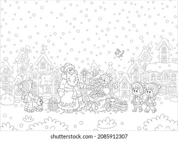 Santa Claus and a funny toy snowman with a Christmas fir tree and a magic bag of holiday gifts for little children in a snowy park of a pretty small town, vector cartoon illustration
