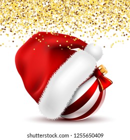 Santa Claus Fur red Hat with Christmas Ball and Falling Gold Confetti. Vector illustration.	 