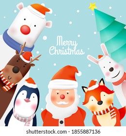 Santa claus and gang of animal party with very cute character design in paper art and pastel schenme