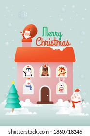 Santa claus and gang of animal party with very cute character design in paper art and pastel schenme