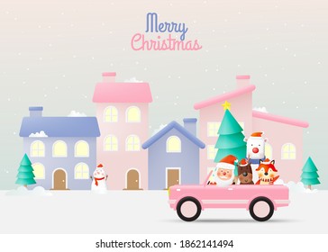 Santa claus and gang of animal party with very cute character design and pastel schenme