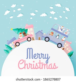 Santa claus and gang of animal party with very cute character design in paper art and pastel schenme