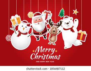 Santa Claus and the gang Christmas greetings ornament elements hanging in red background. Merry christmas.