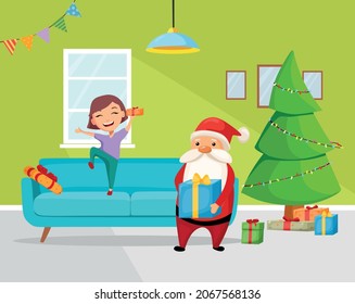 Santa Claus gave the girl a gift and she happily jumps on the couch. Festive winter interior of the living room in cartoon style. Vector illustration.