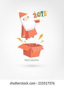 Santa Claus. Diseño Geométrico. Icono de estilo plano para tarjetas de Navidad. Caja de regalo con sorpresa. Año Nuevo 2015. Arte Moderno.